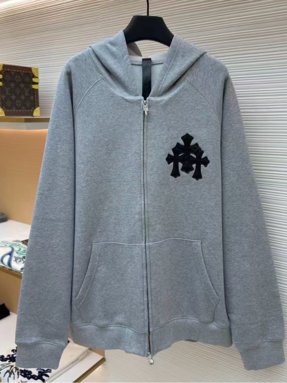 Men Grey Zip-Up Hoodie with Cross Crest